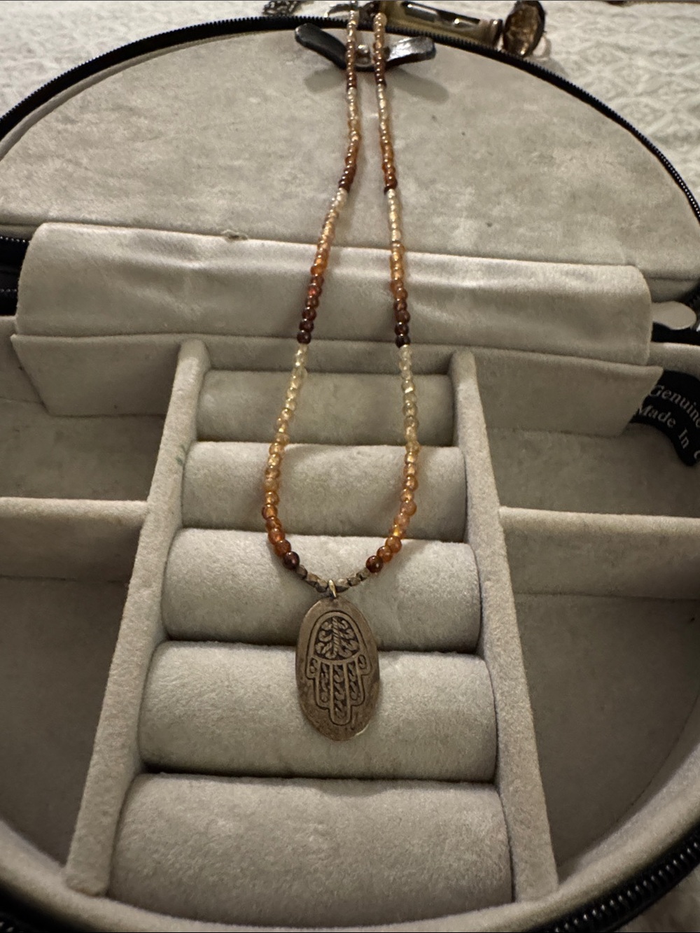 Hamsa Hand Pendant Beaded Necklace - Brown & Gold